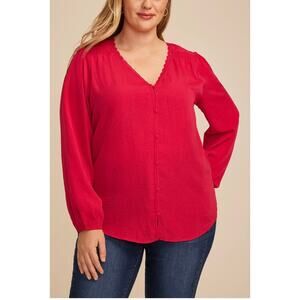 Maurices Red Lace Trim Button Front Blouse | Women’s 3X | Long Sleeve